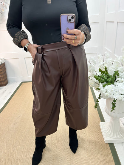 Allegra: Brown 3/4 faux leather belted trousers. One size: 14-18