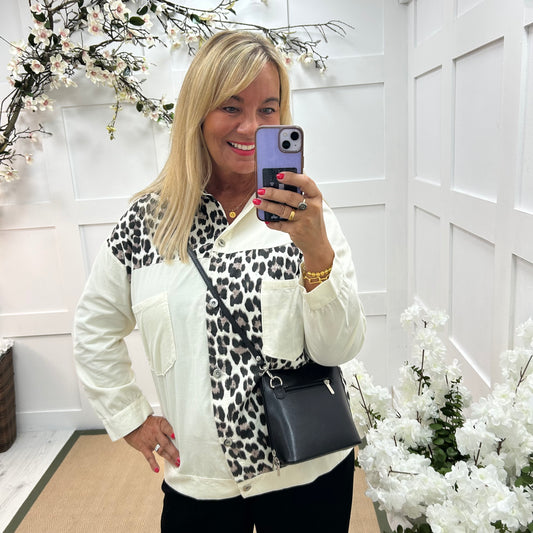 Isla: Cream leopard print shacket. One size: 14-20