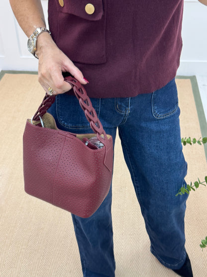 Mae: Small burgundy cross body grab bag