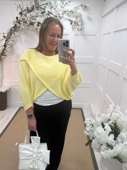 Willow: Lemon stretchy short wrap top. One size: 10-18