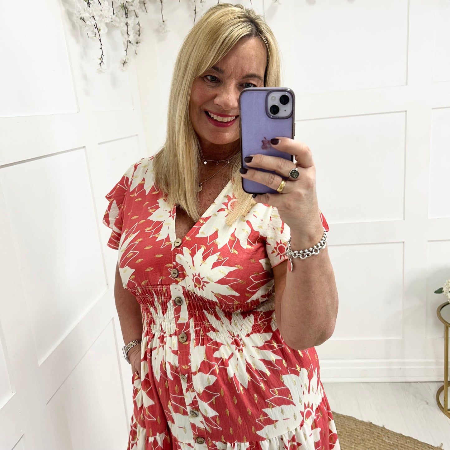 Emmy: Coral & white stretchy V neck midi dress. One size: 10-20