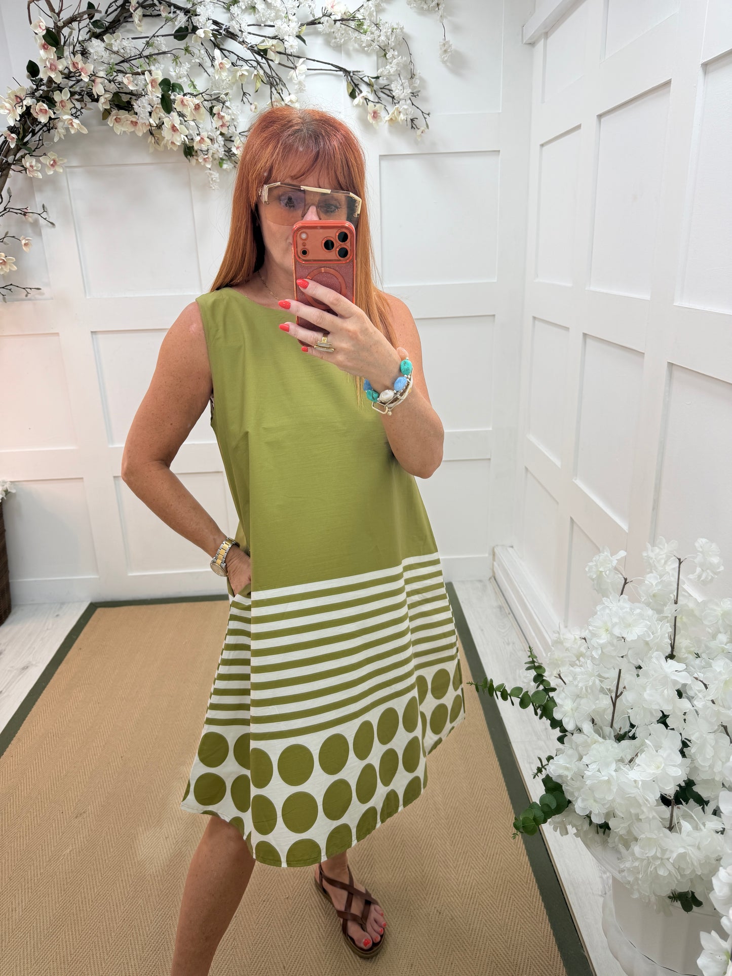 Saba: Sleeveless spotty midi dress. One size: 10-14. 4 colours