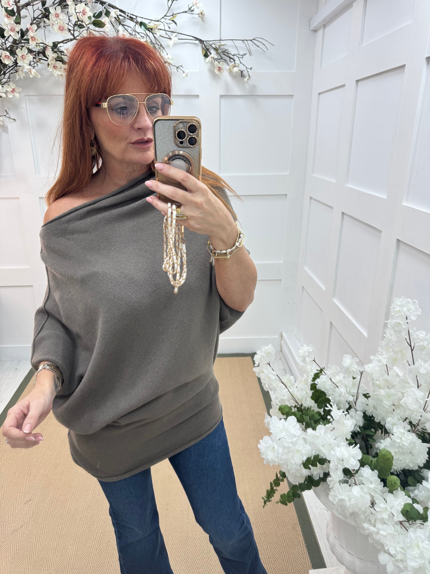 Samantha: Mocha asymmetrical slouch top. One size 10-18