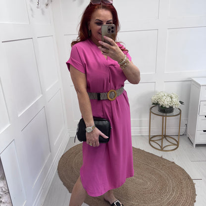 Azora: Pink V neck belted midi dress. One size 10-18