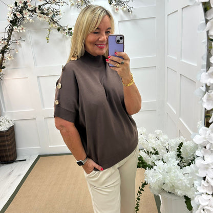 Camille: Brown short sleeve gold button top. One Size 12-20