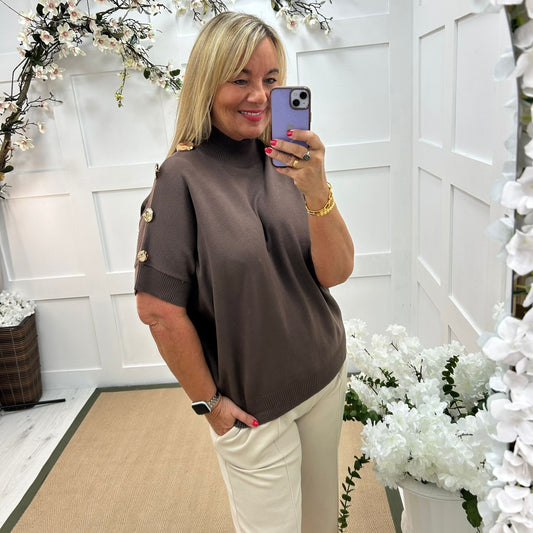 Camille: Brown short sleeve gold button top. One Size 12-20