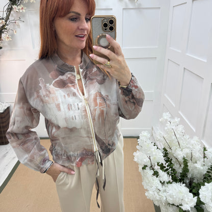Kira: Silky brown Amalfi printed bomber jacket. One size: 8-16
