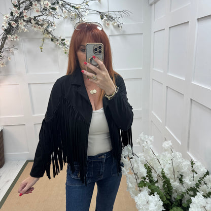Heidi: Black short suede fringe jacket. One size: 8-14