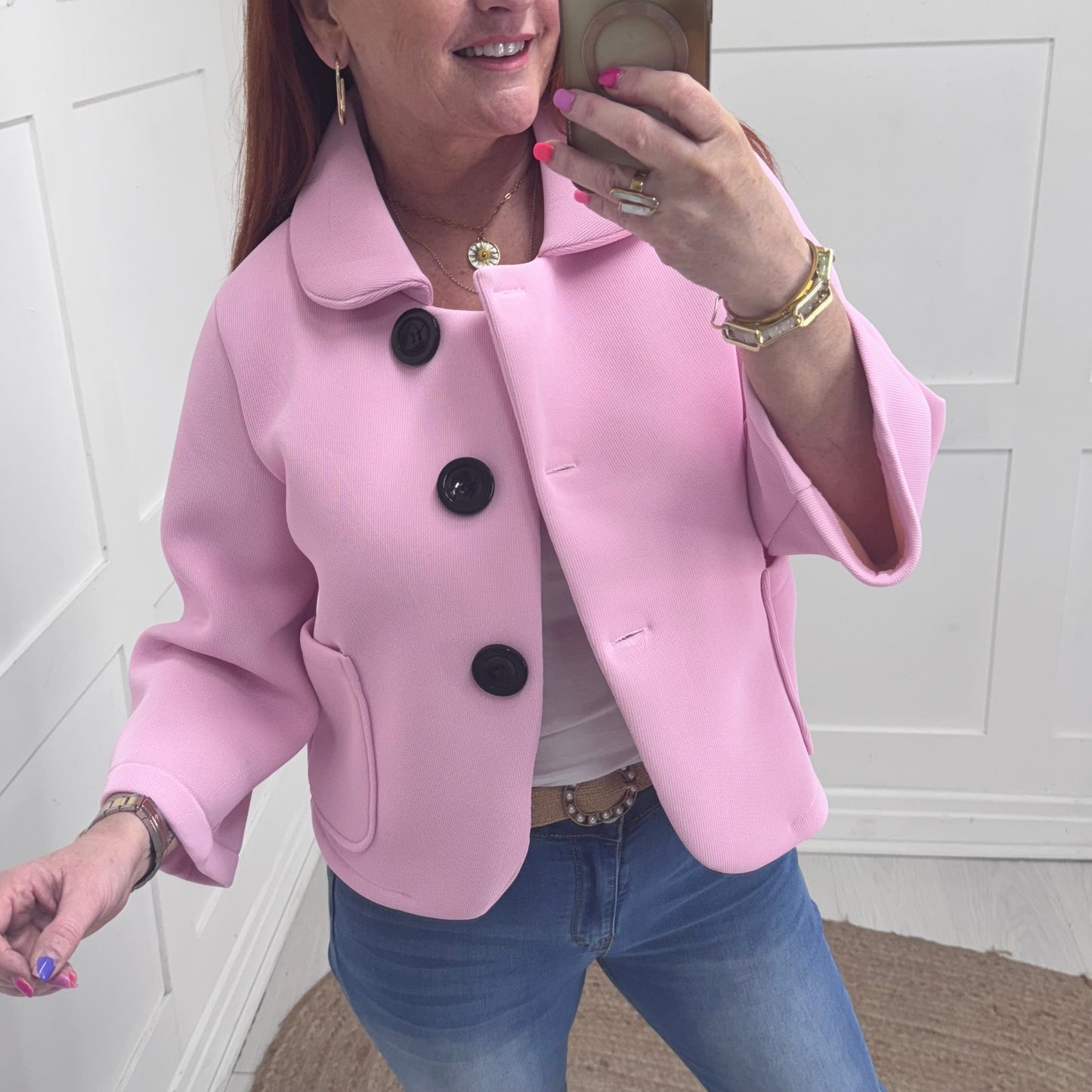 Margot: Pink short large button jacket. One size: 10-16