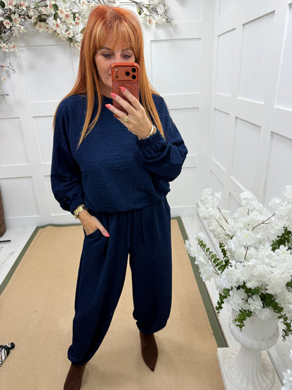 Raven: Textured long sleeve top & cuffed trouser set. One Sz: 12-18. 3 colours