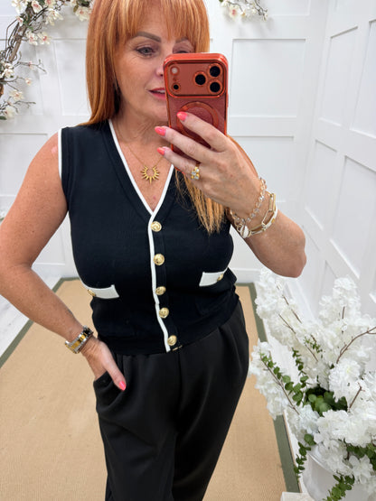 Lucille: Gold button waistcoat top. One size: 8-16. 3 colours