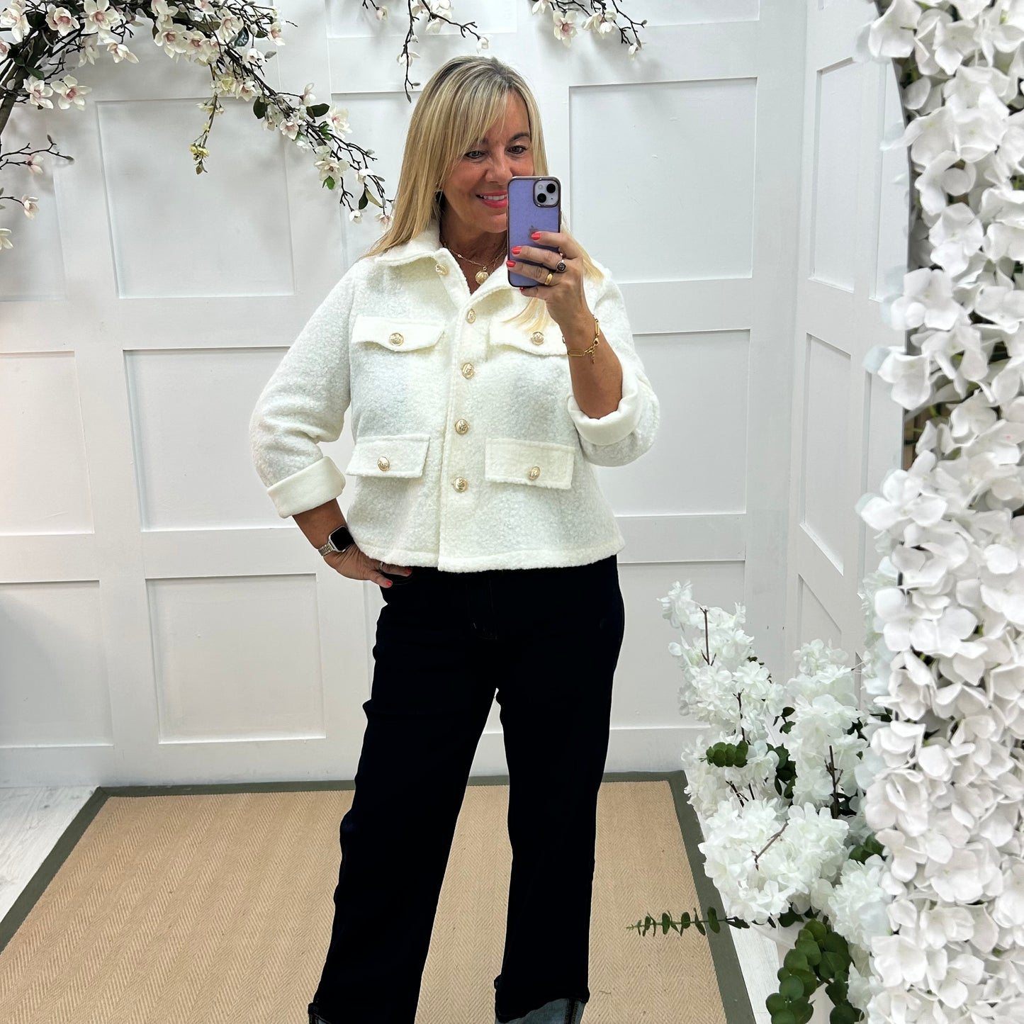 Bridget: White short boucle button jacket. One: 12-20