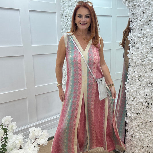 Lavina: Pink zigzag printed knit maxi dress. One size: 12-18