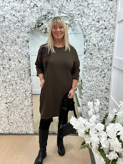 Noelle: Brown sparkle tunic top. One size: 16-20