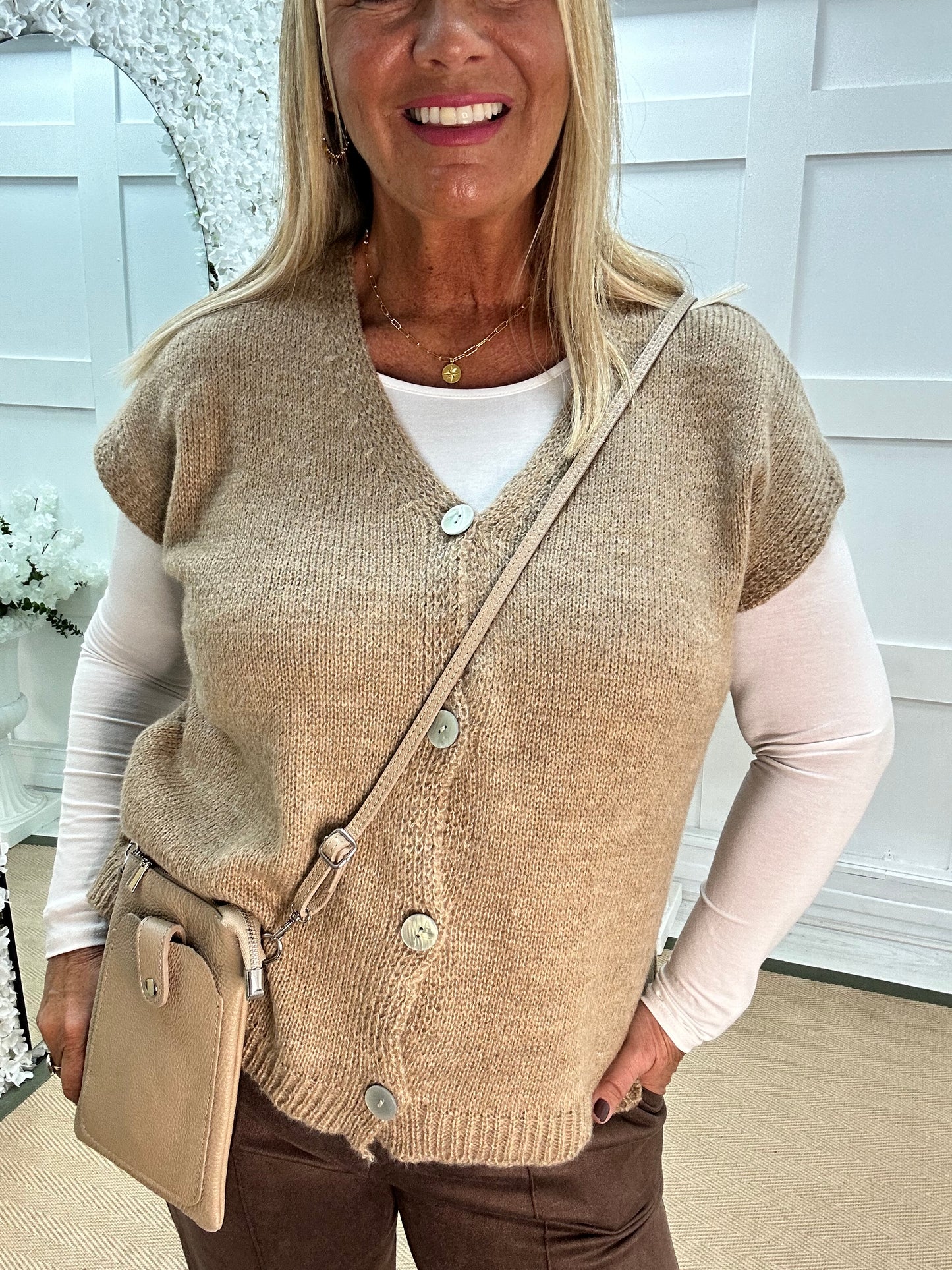 Nula: Sand plain mohair button waistcoat. One size: 14-20