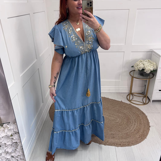Cleo: Mid blue embroidered boho maxi dress. One size: