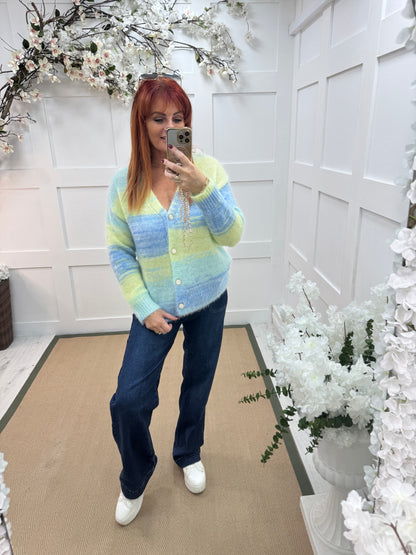 Iris: Blue & lemon stripe V neck cardigan. One size: 12-18