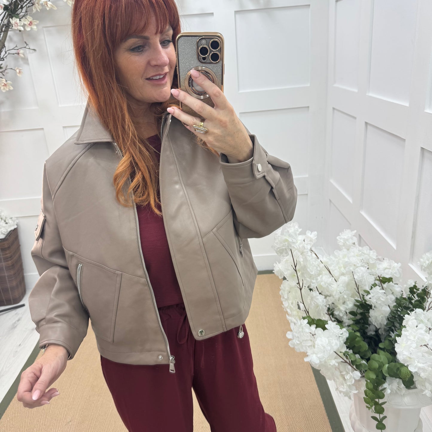 Bobbie: Mocha oversized faux leather bomber jacket. 2 sizes