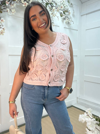 Rosie: Pink floral embroidered waistcoat top. One size: 10-14