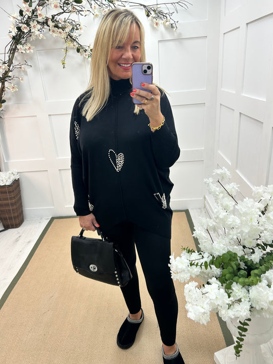 Eliana: Black beaded heart knit top. One size: 14-20