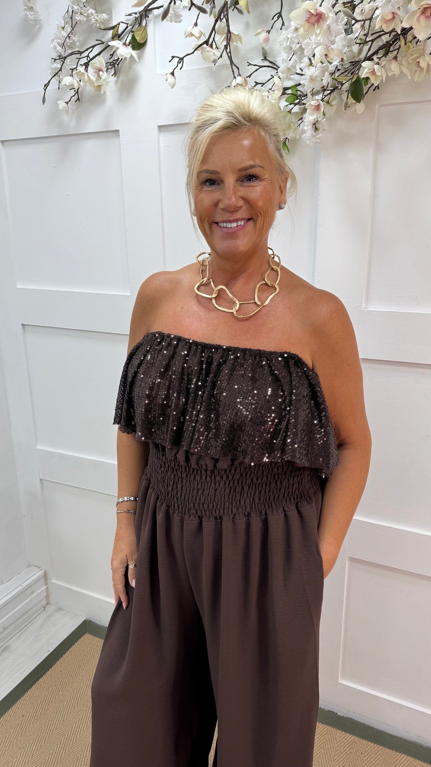 Salma: Brown sequin multiway wide leg jumpsuit. One size: 14-20