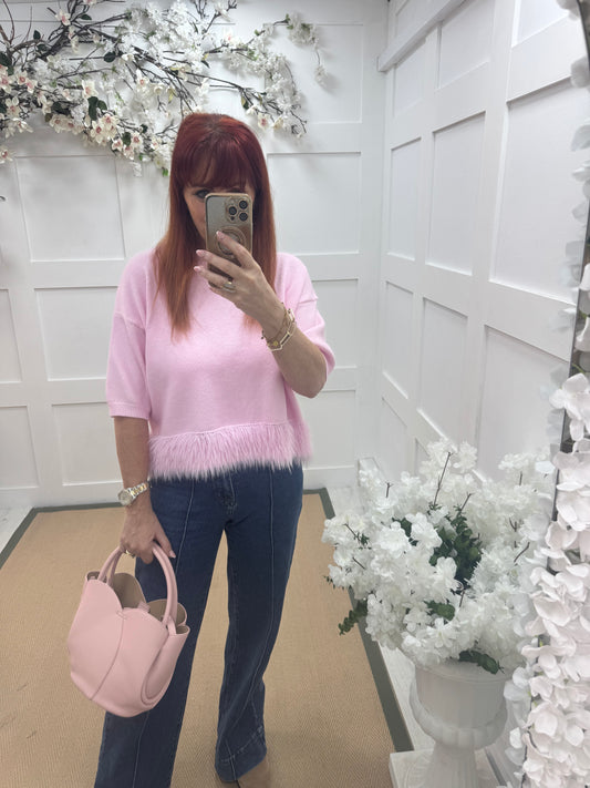 Honey: Pink fringe hem knit top. One size: 10-16