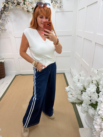 JoJo: Blue sports stripe jeans style trousers. 3 Sizes