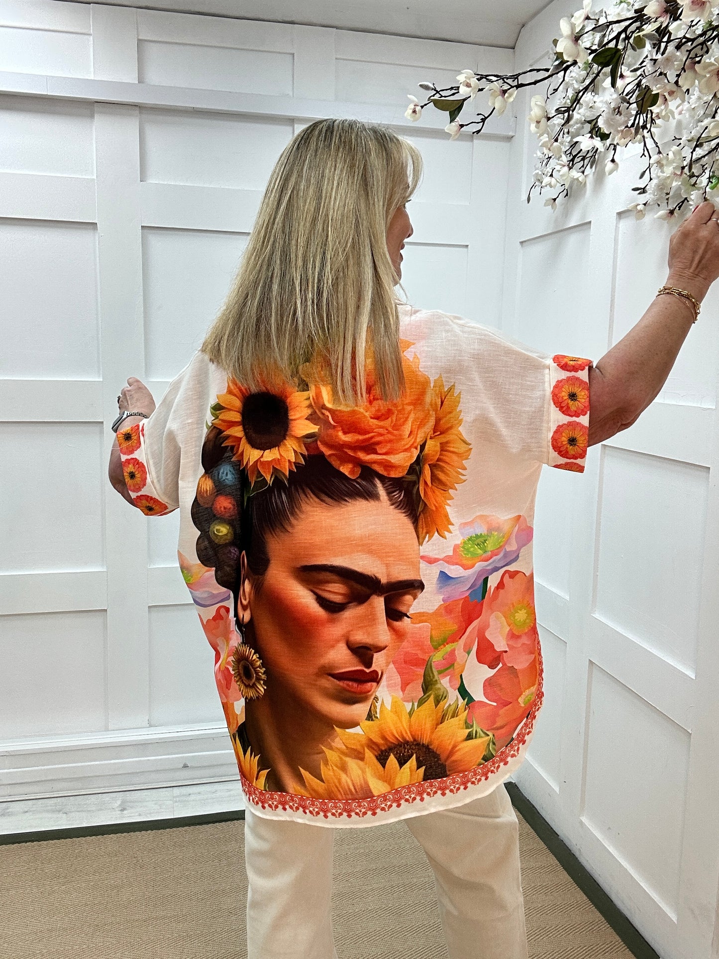 Frida: Multicoloured “Frida Khalo” print oversized shirt. One size: 14-22