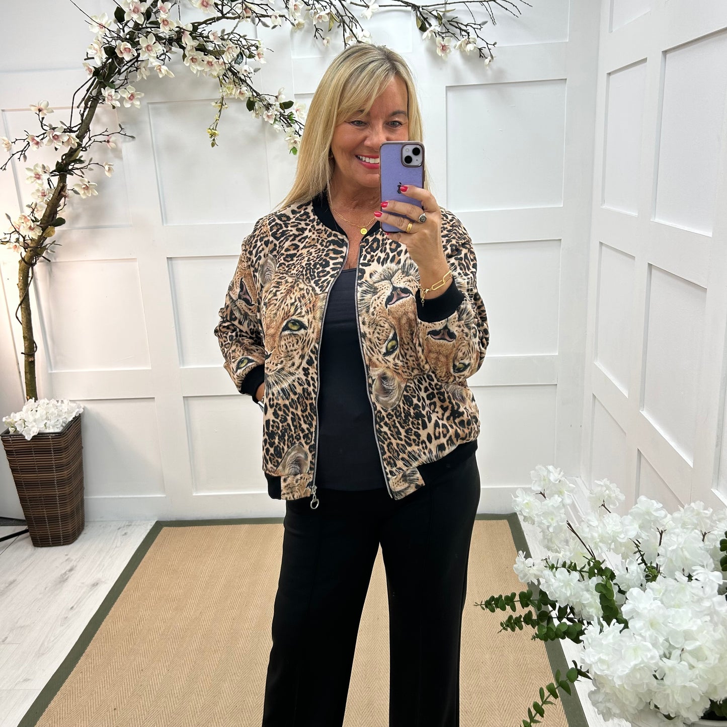 Azure: Leopard print soft feel bomber jacket. One size: 16-20