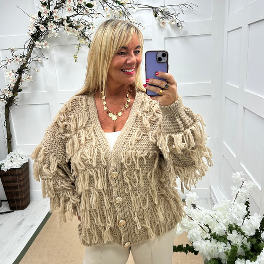Kizzy: Mocha shaggy V neck cardigan. One size: 14-20