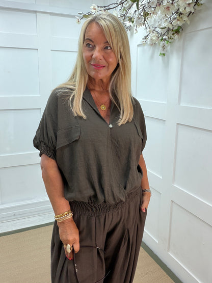 Tammy: Short sleeve utility top. One size: 10-18. 4 colours