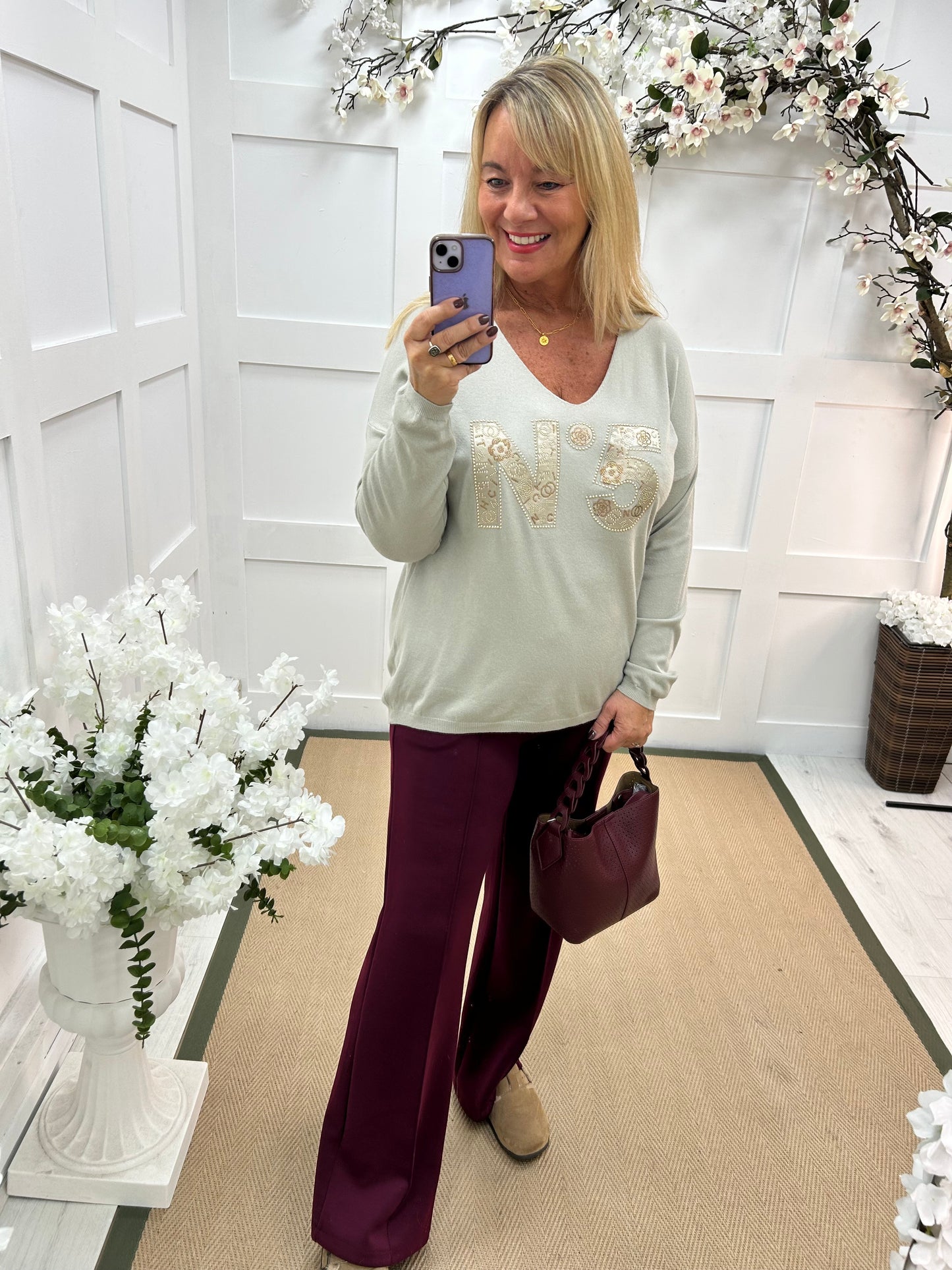 Cass: Stone V neck diamanté No5 knit top. One size: 14-20