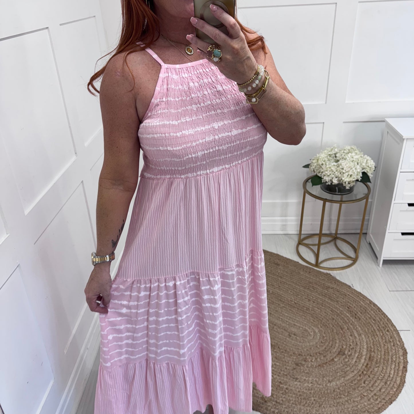 Serena: Pink strappy striped midi dress. One size: 10-14