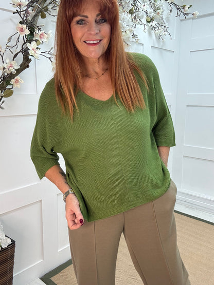 Nina: Green V neck fine knit top. One size: 10-16