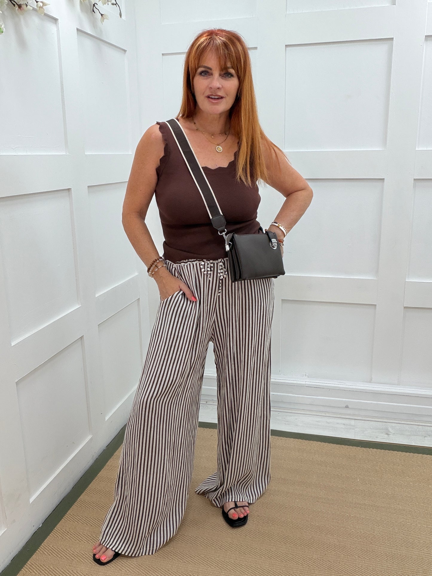 Suki: Wide leg stripe linen trousers. One size: 10-16. 3 colours