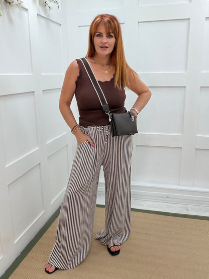 Suki: Wide leg stripe linen trousers. One size: 10-16. 3 colours