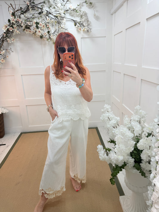 Avery: White embroidery wide leg trousers. 4 sizes