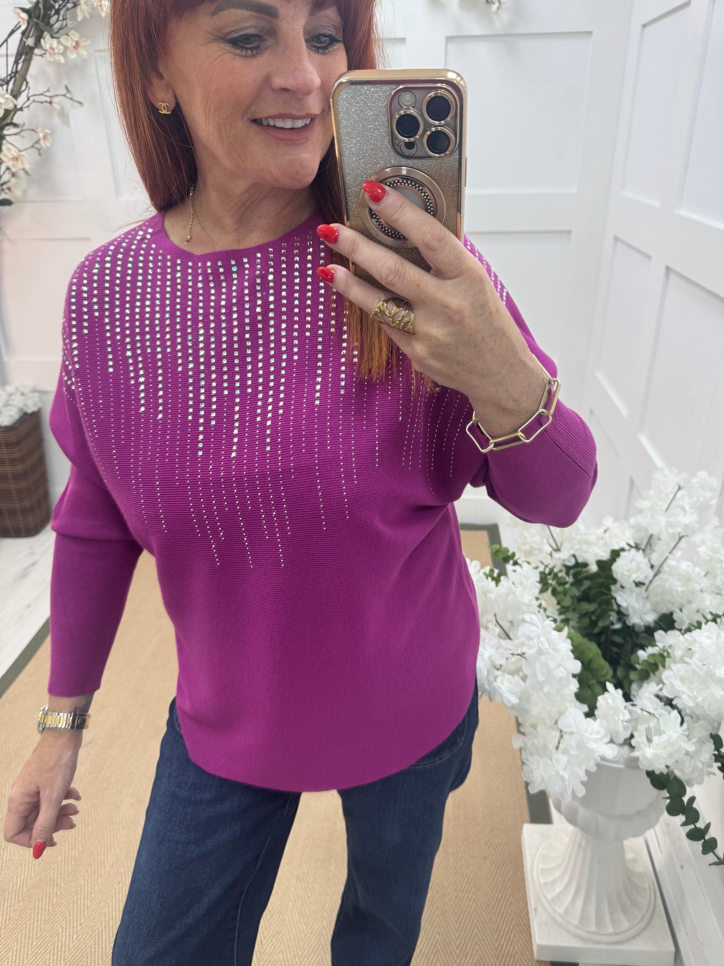 Arabella: Fuchsia diamanté long sleeve top. One size: 12-16