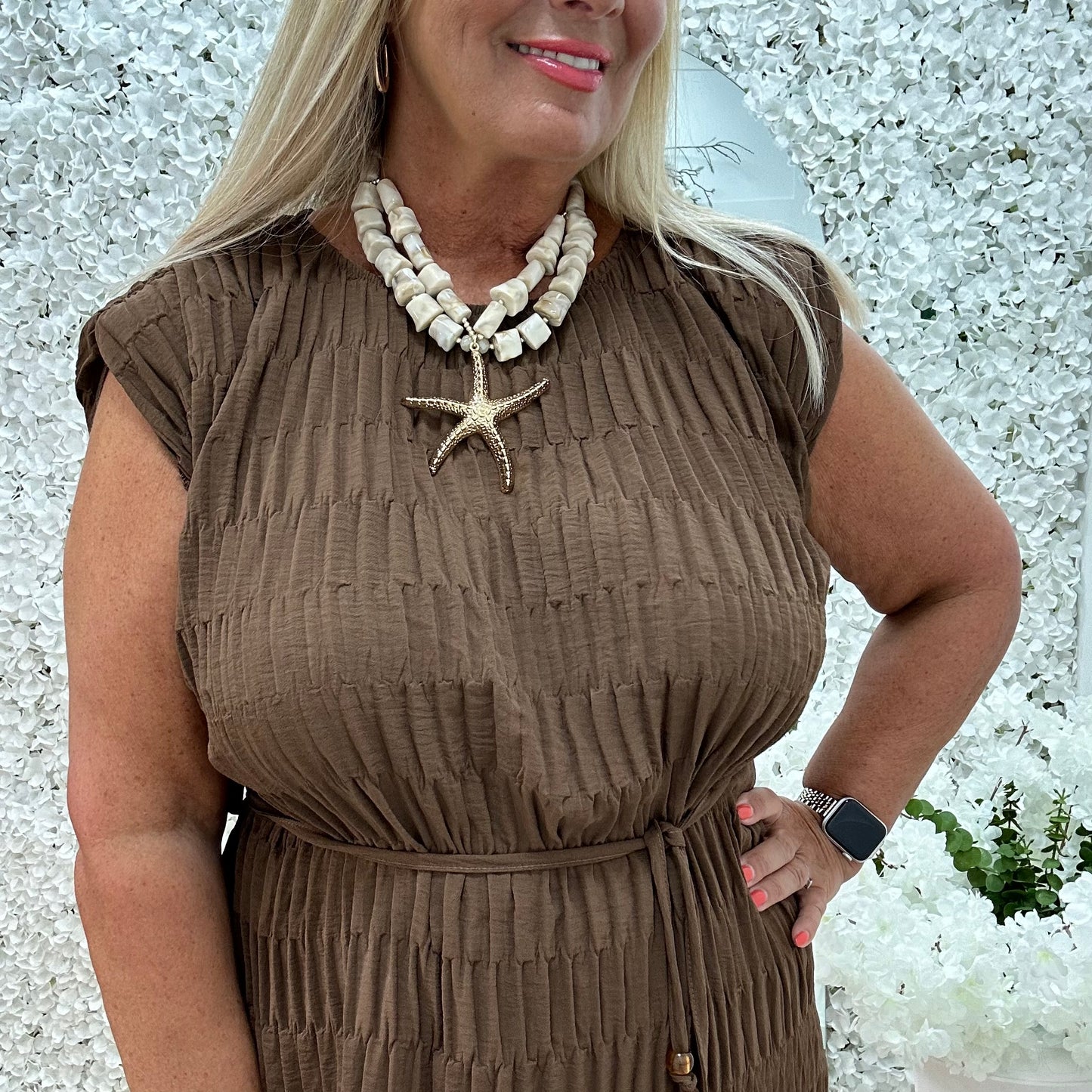 Serena: Brown waffle belted midi dress. One size 14-20