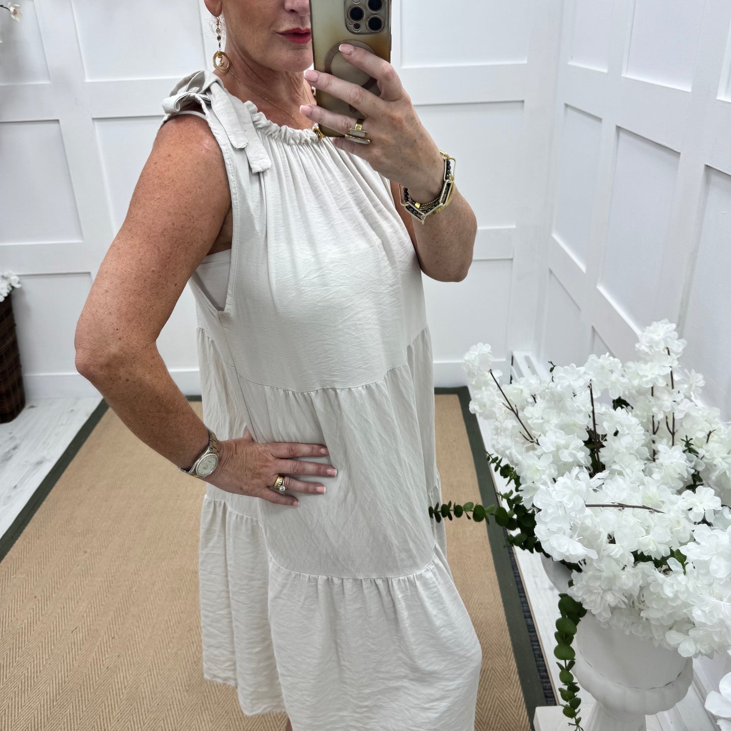 Adair: Cream tie neck midi dress. One size 10-16
