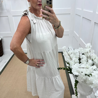 Adair: Cream tie neck midi dress. One size 10-16