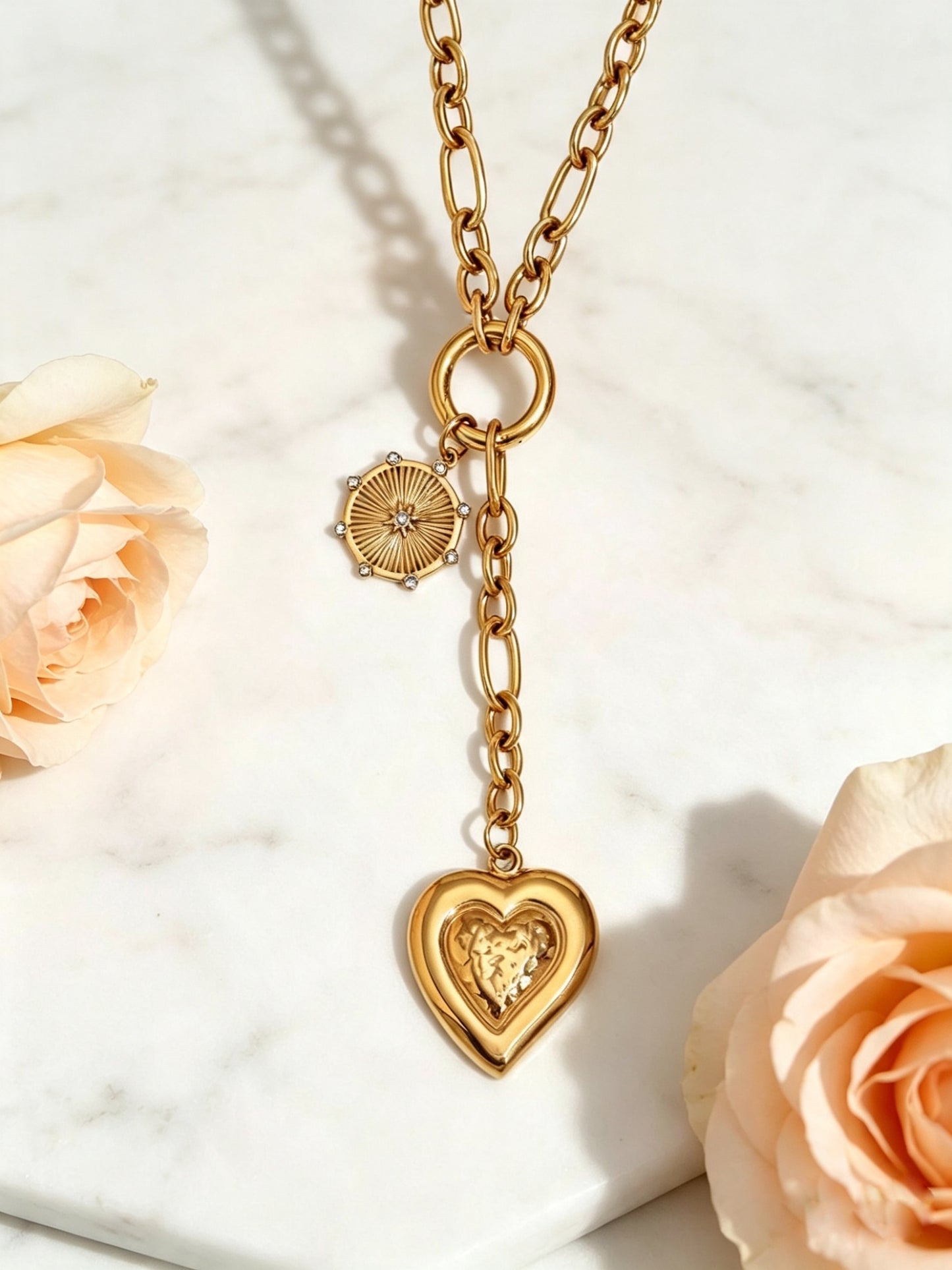 Amelie: 18k gold heart lariat pendant necklace