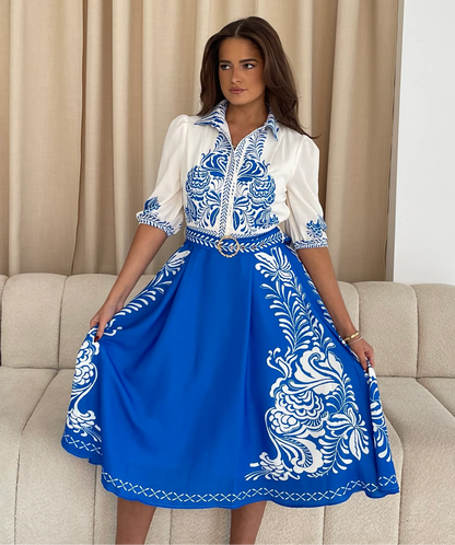 Holland: Blue & white print belted dress. Sizes: 12-18