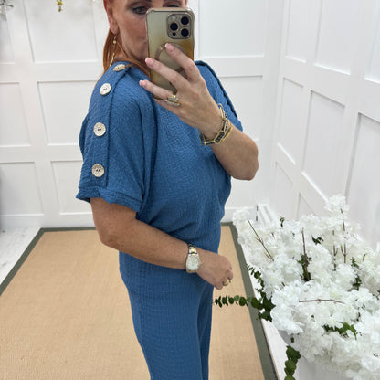 Tasha: Blue & gold button loungewear set. 2 sizes