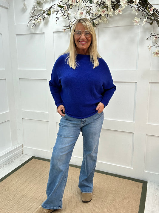 Sammi: Blue batwing knitted top. One size: 12-18/20
