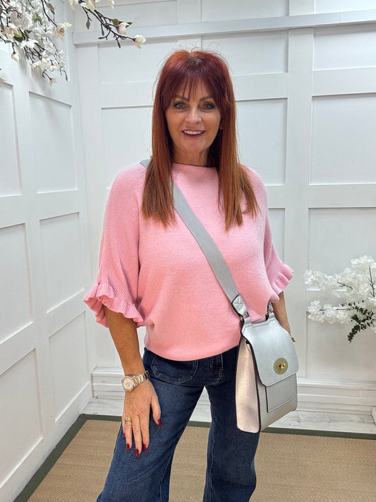 Sierra: Pink batwing fluted sleeve knitted top. One Size 12-18/20