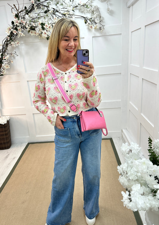 Gracie: Pink and cream heart crochet cardigan top. 2 sizes.