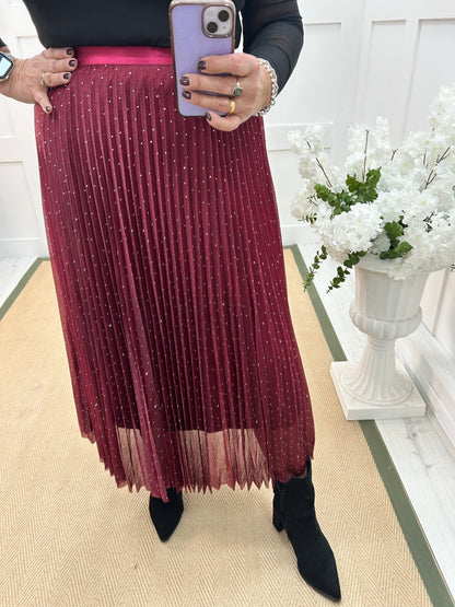 Natalie: Burgundy diamanté maxi skirt. One size 12-16