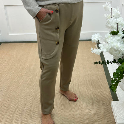 Monroe: Mocha stretchy button trousers. One size: 12-18