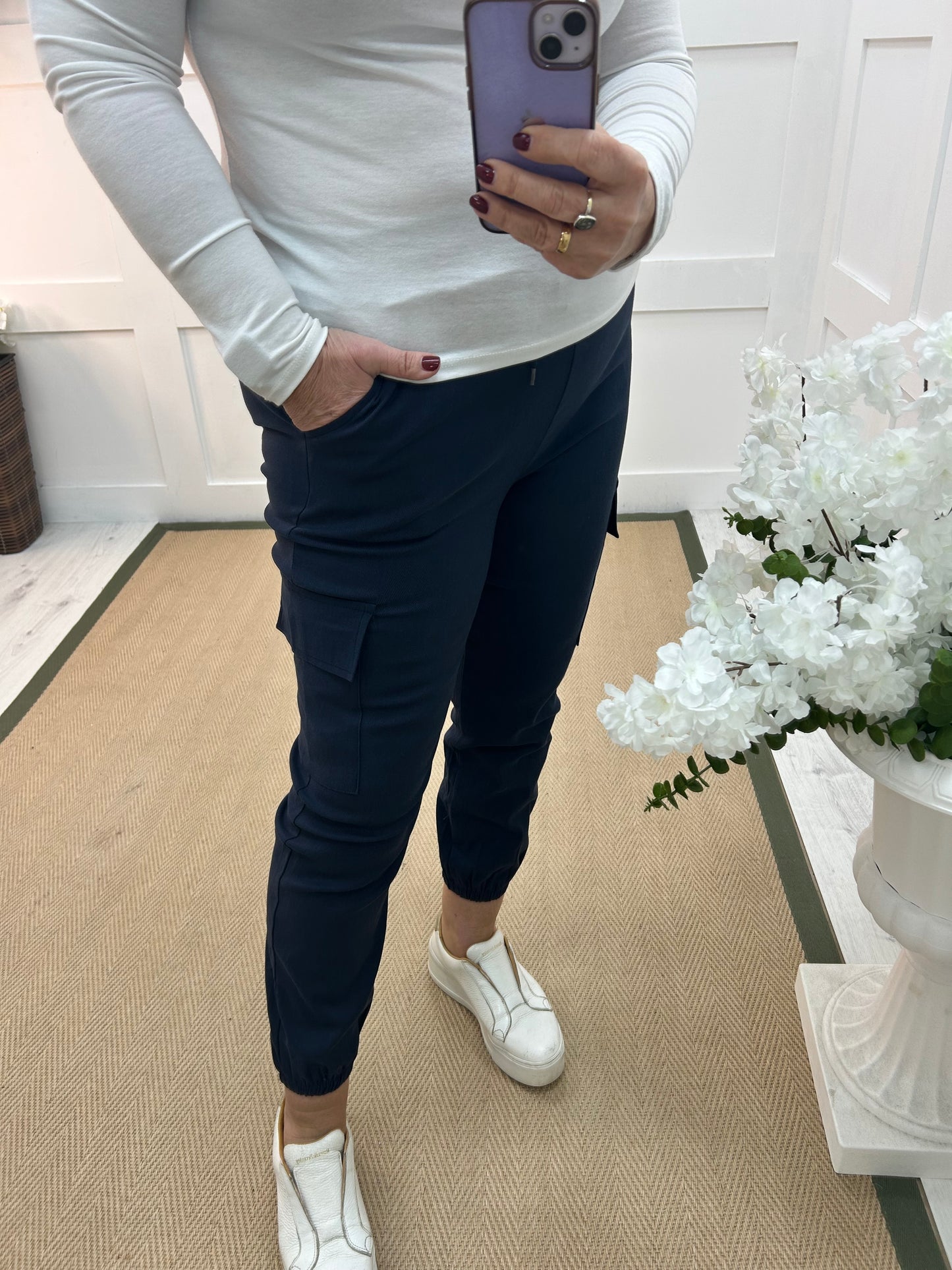 Charley: Navy cargo jogger trousers. Two sizes.